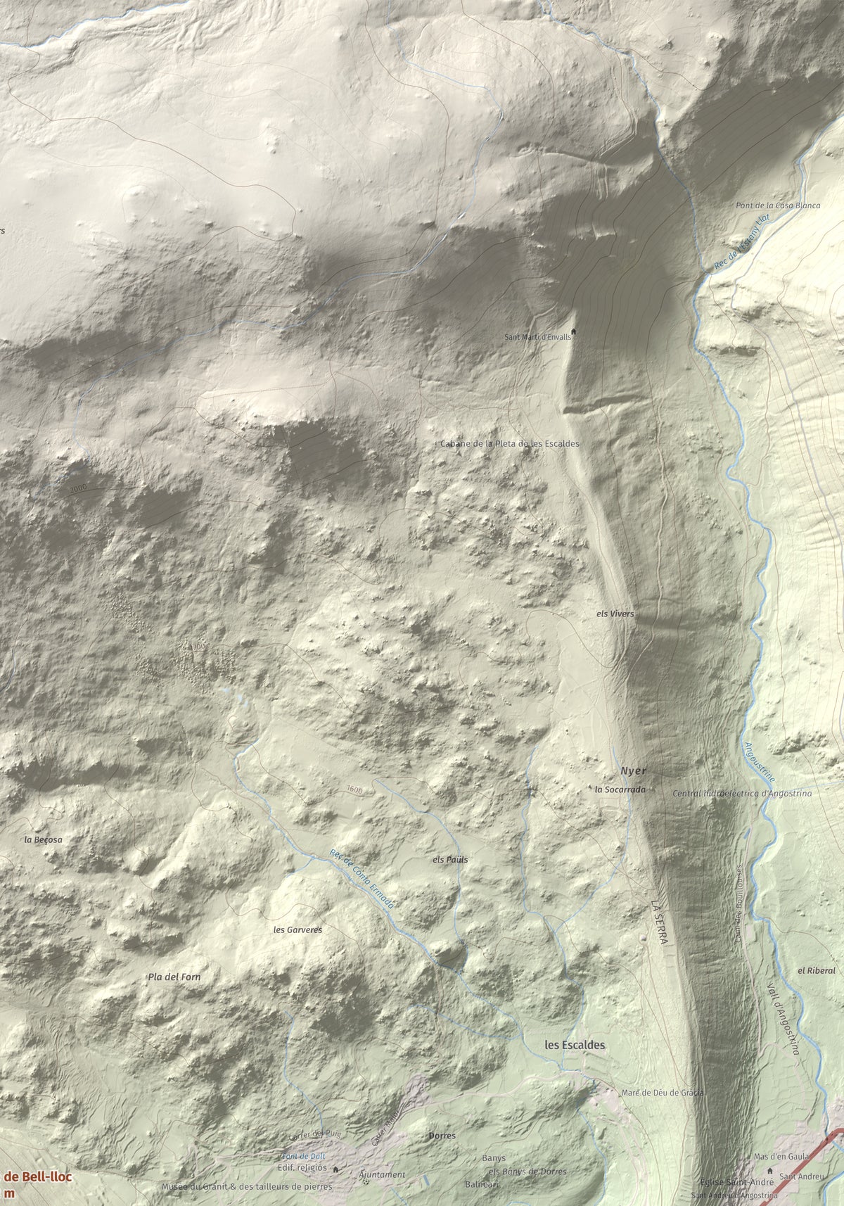 Mapa de relieve de Turó de Bell-lloc, 1702 m, Cerdanya Nord, lámina 100 Cims de Trobart. Detalle de la zona superior derecha. 70 × 100 cm.