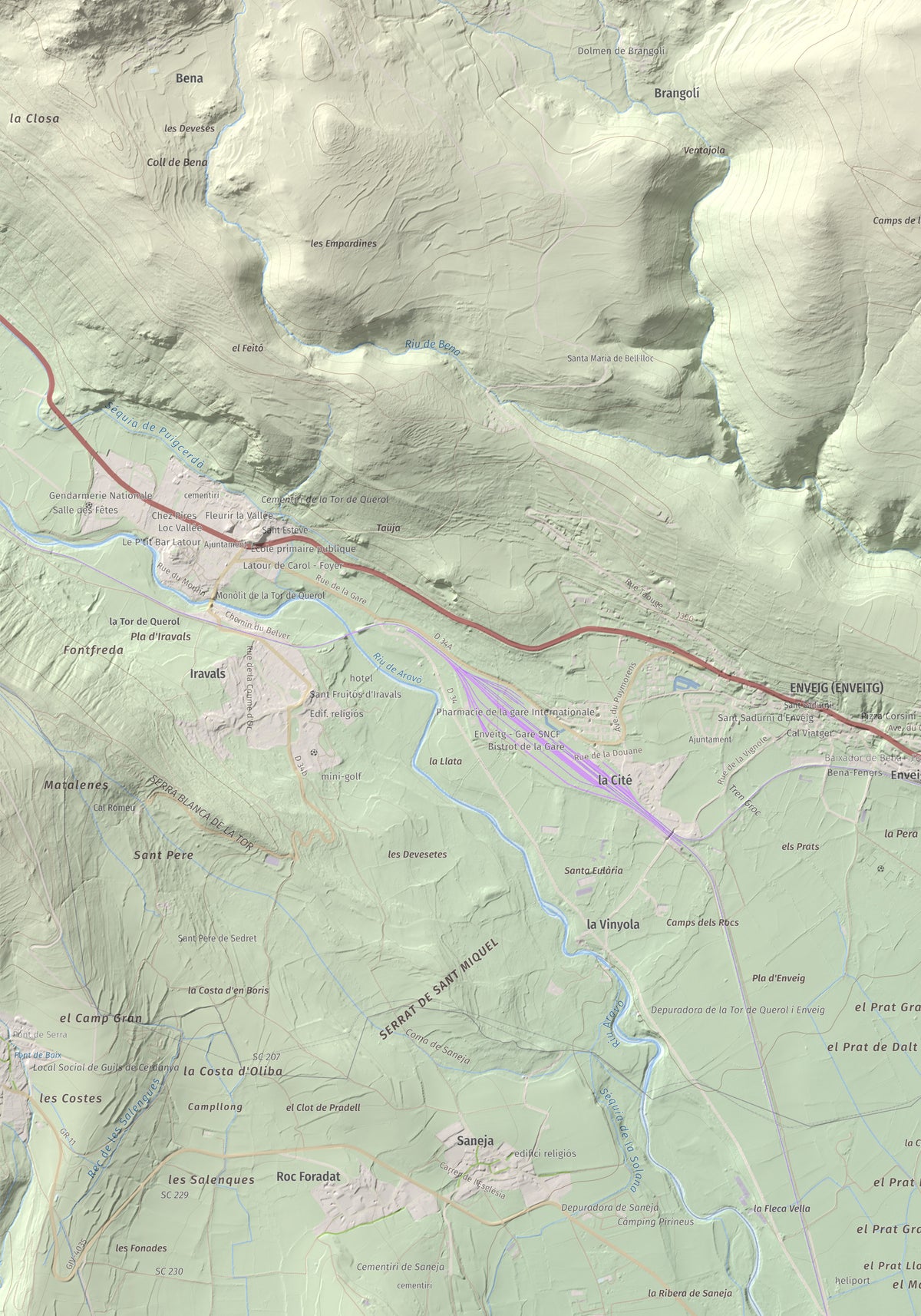 Mapa de relieve de Turó de Bell-lloc, 1702 m, Cerdanya Nord, lámina 100 Cims de Trobart. Detalle de la zona inferior izquierda. 70 × 100 cm.