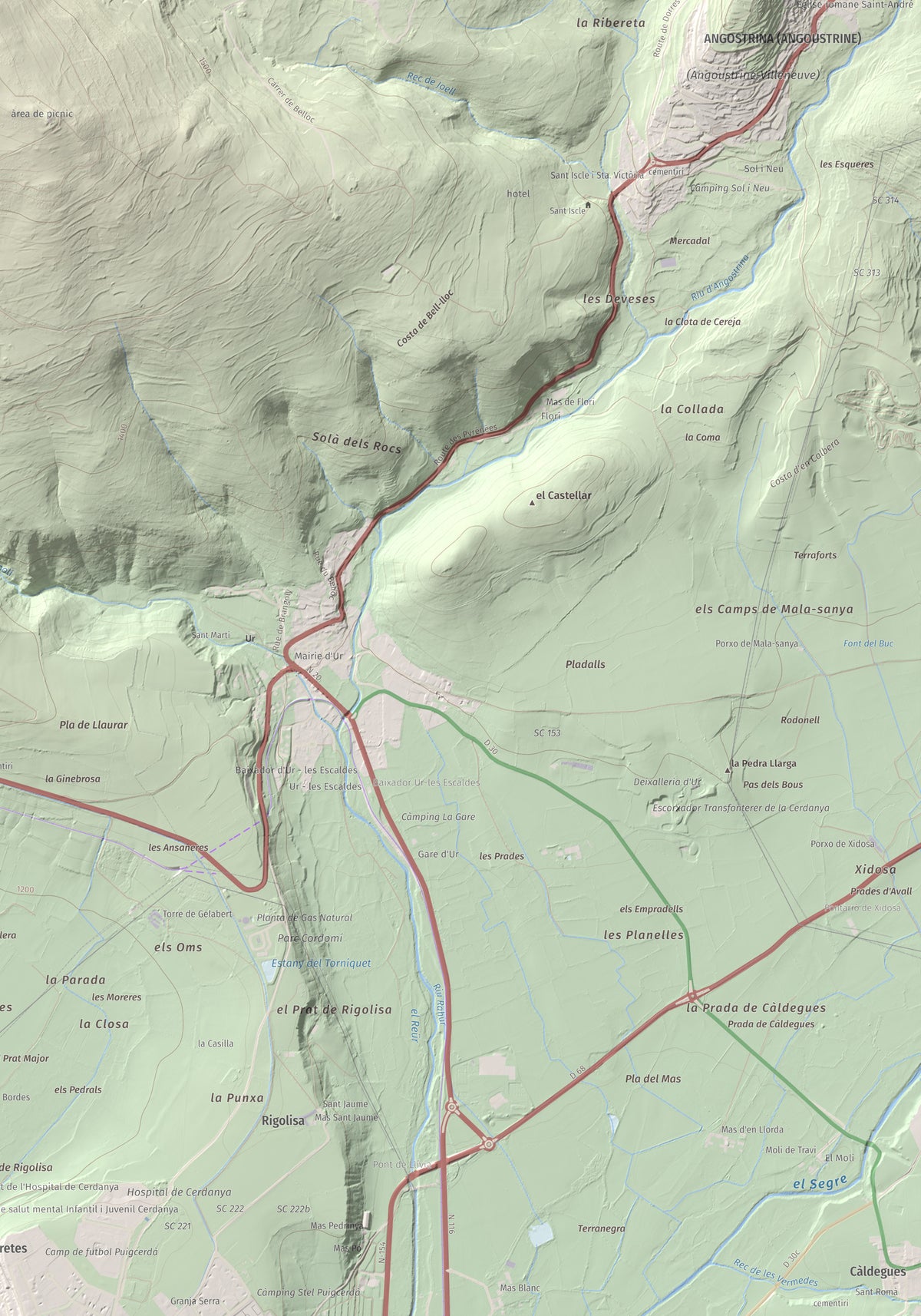 Mapa de relieve de Turó de Bell-lloc, 1702 m, Cerdanya Nord, lámina 100 Cims de Trobart. Detalle de la zona inferior derecha. 70 × 100 cm.