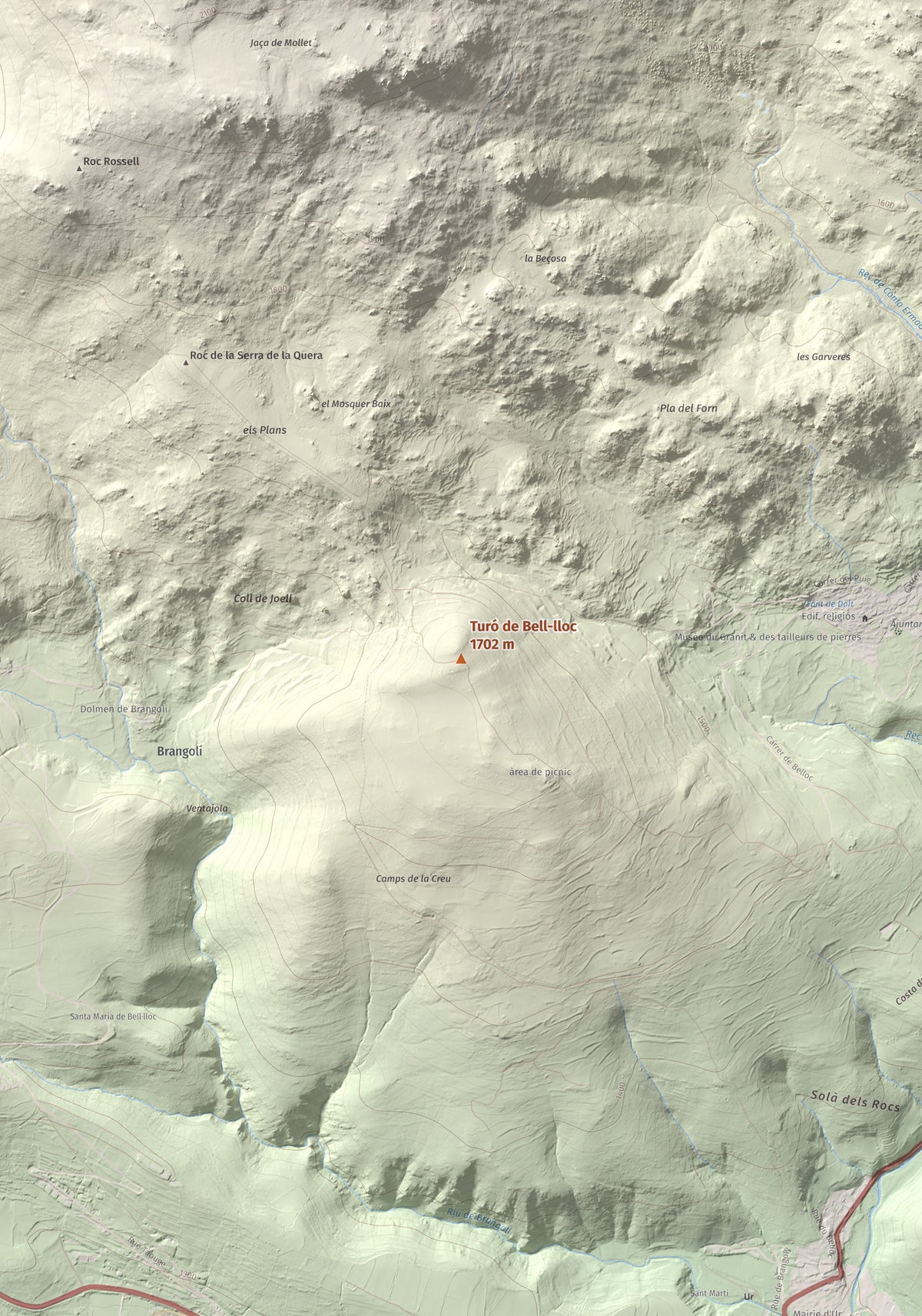Mapa de relieve de Turó de Bell-lloc, 1702 m, Cerdanya Nord, lámina 100 Cims de Trobart. Detalle de la zona central. 70 × 100 cm.