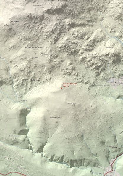 Mapa de relieve de Turó de Bell-lloc, 1702 m, Cerdanya Nord, lámina 100 Cims de Trobart. Detalle de la zona central. 70 × 100 cm.