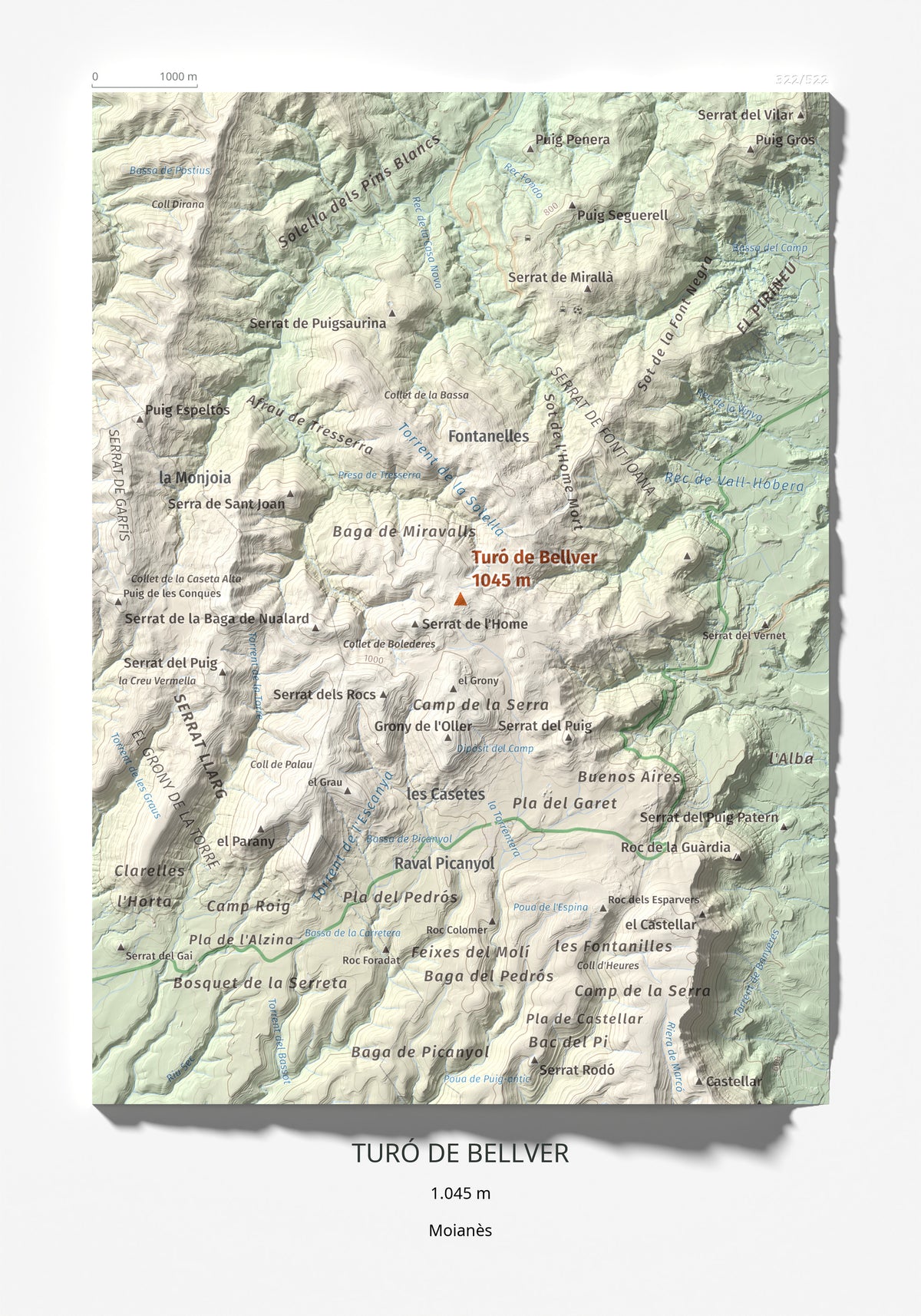 Mapa de relieve de Turó de Bellver, 1045 m, Moianès, lámina 100 Cims de Trobart 21 × 30 cm.