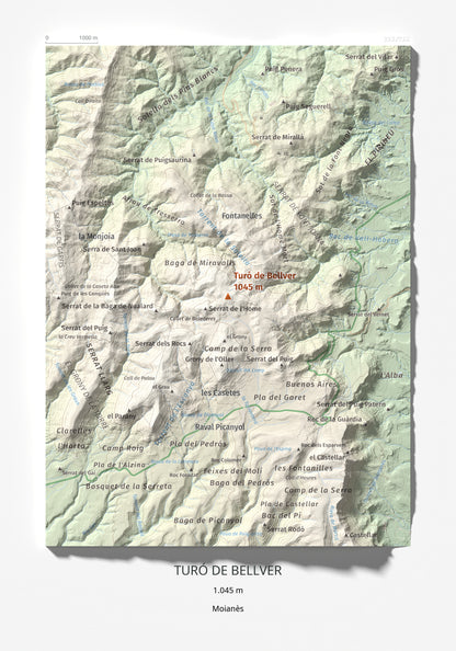 Mapa de relieve de Turó de Bellver, 1045 m, Moianès, lámina 100 Cims de Trobart 21 × 30 cm.