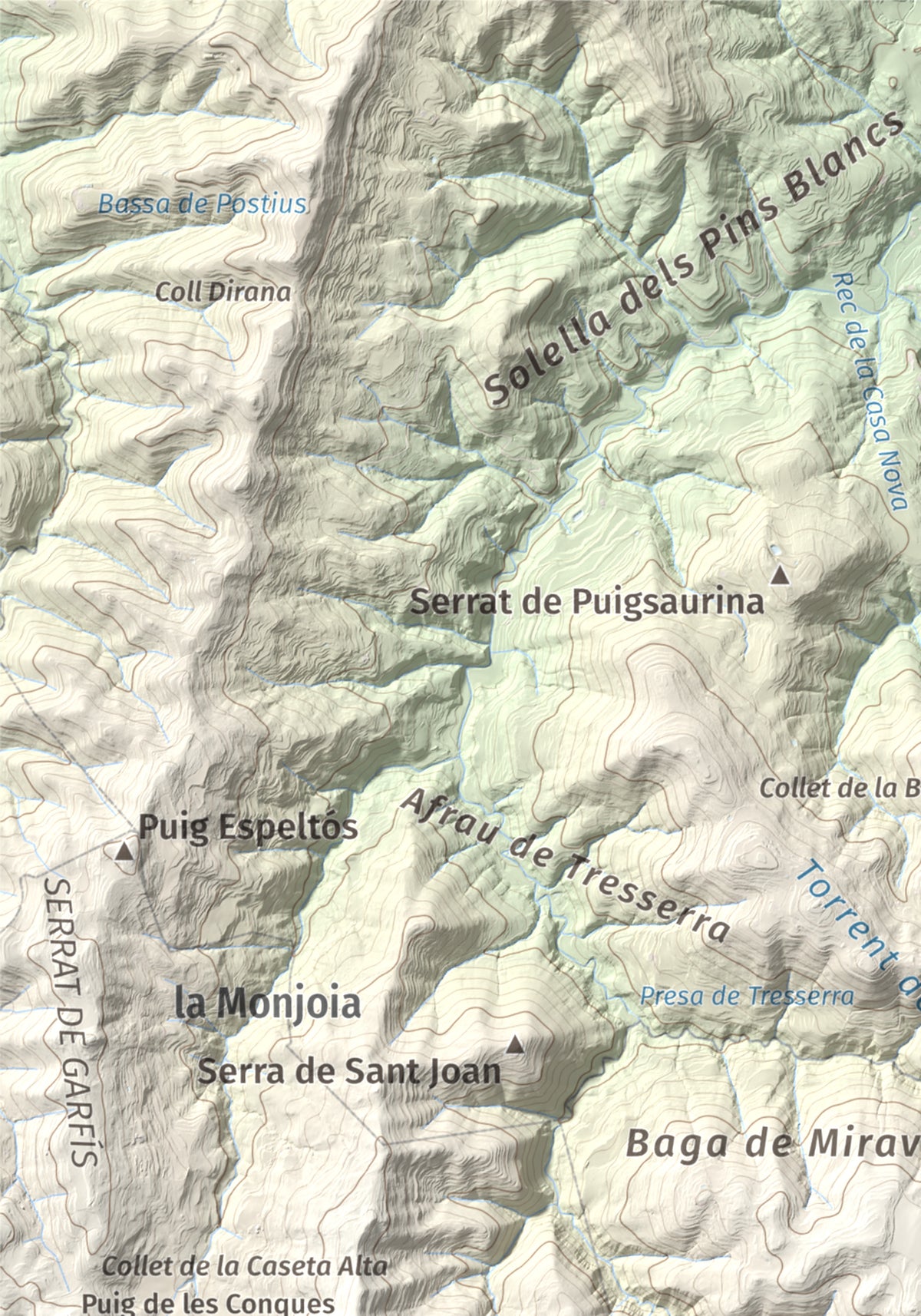 Mapa de relieve de Turó de Bellver, 1045 m, Moianès, lámina 100 Cims de Trobart. Detalle de la zona superior izquierda. 21 × 30 cm.