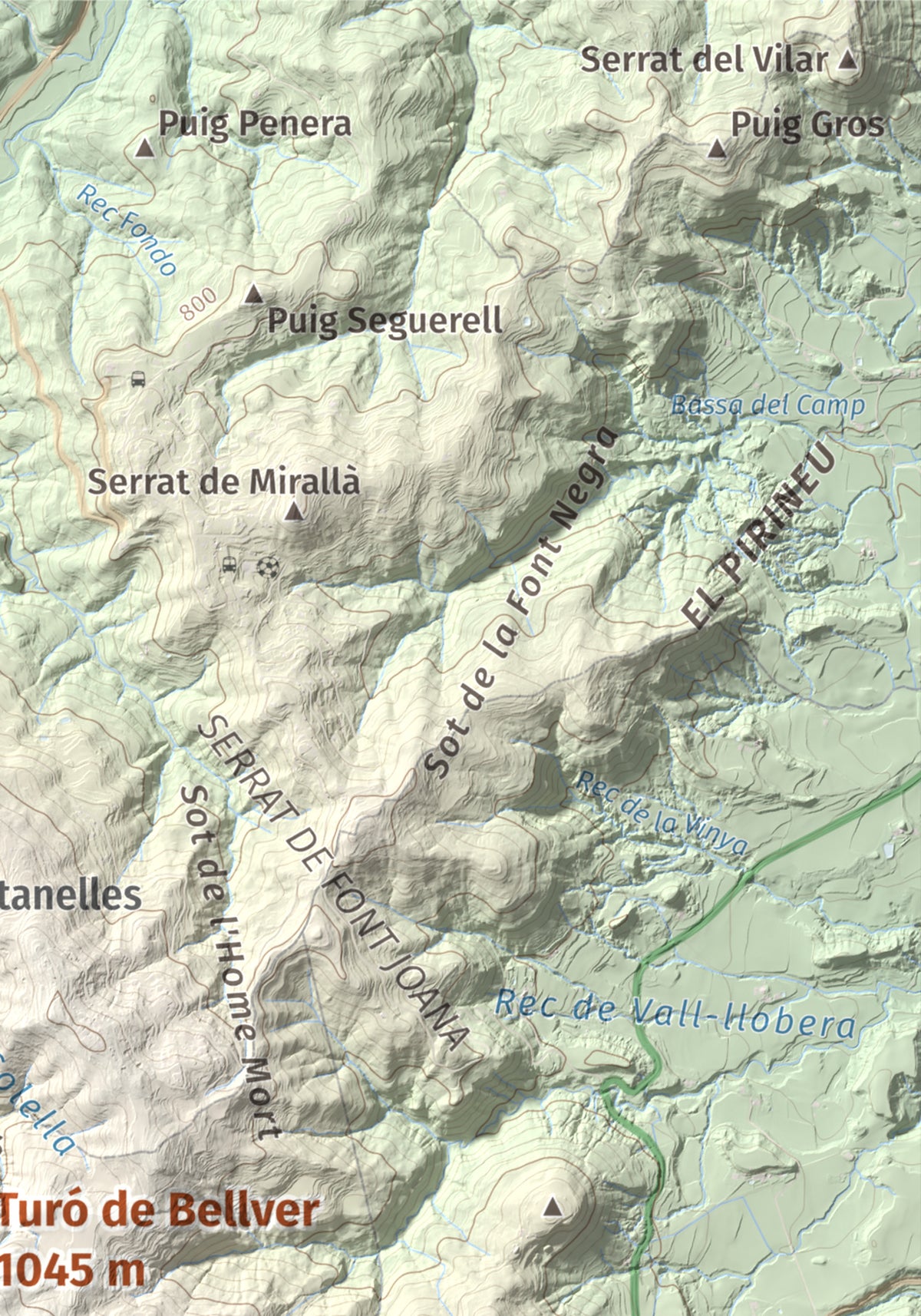Mapa de relieve de Turó de Bellver, 1045 m, Moianès, lámina 100 Cims de Trobart. Detalle de la zona superior derecha. 21 × 30 cm.