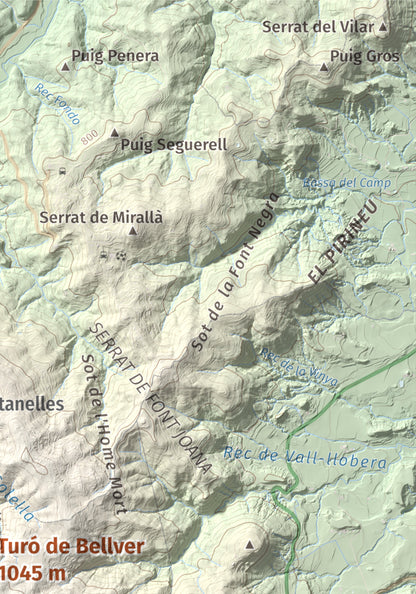 Mapa de relieve de Turó de Bellver, 1045 m, Moianès, lámina 100 Cims de Trobart. Detalle de la zona superior derecha. 21 × 30 cm.