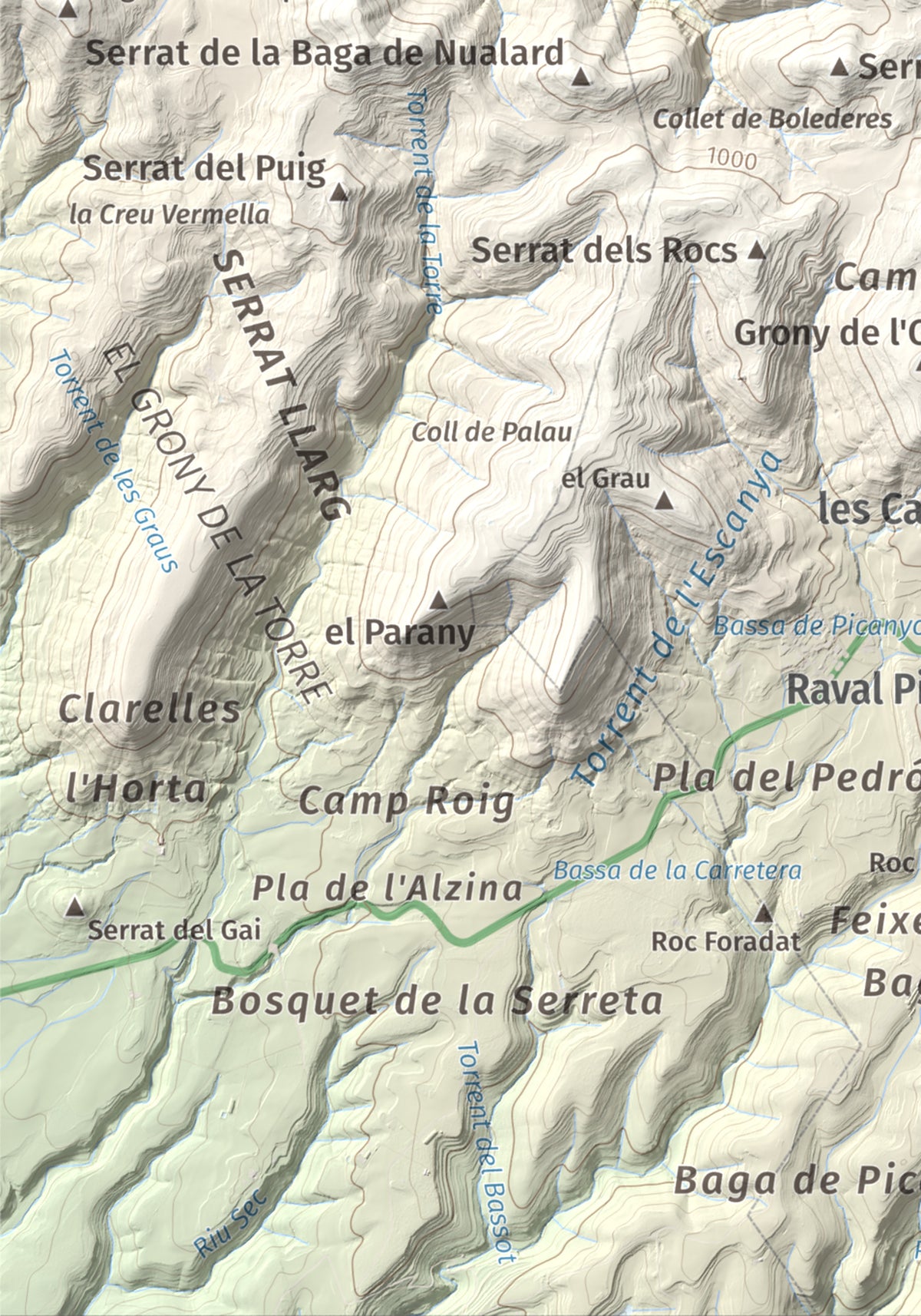 Mapa de relieve de Turó de Bellver, 1045 m, Moianès, lámina 100 Cims de Trobart. Detalle de la zona inferior izquierda. 21 × 30 cm.