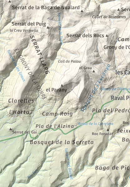 Mapa de relieve de Turó de Bellver, 1045 m, Moianès, lámina 100 Cims de Trobart. Detalle de la zona inferior izquierda. 21 × 30 cm.