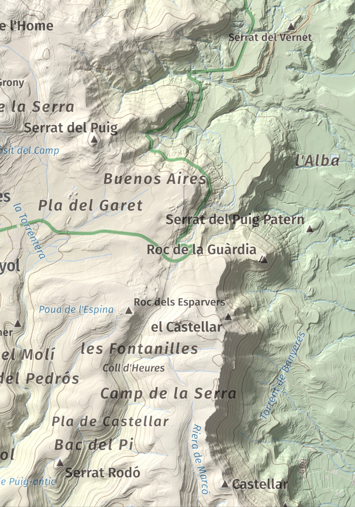 Mapa de relieve de Turó de Bellver, 1045 m, Moianès, lámina 100 Cims de Trobart. Detalle de la zona inferior derecha. 21 × 30 cm.