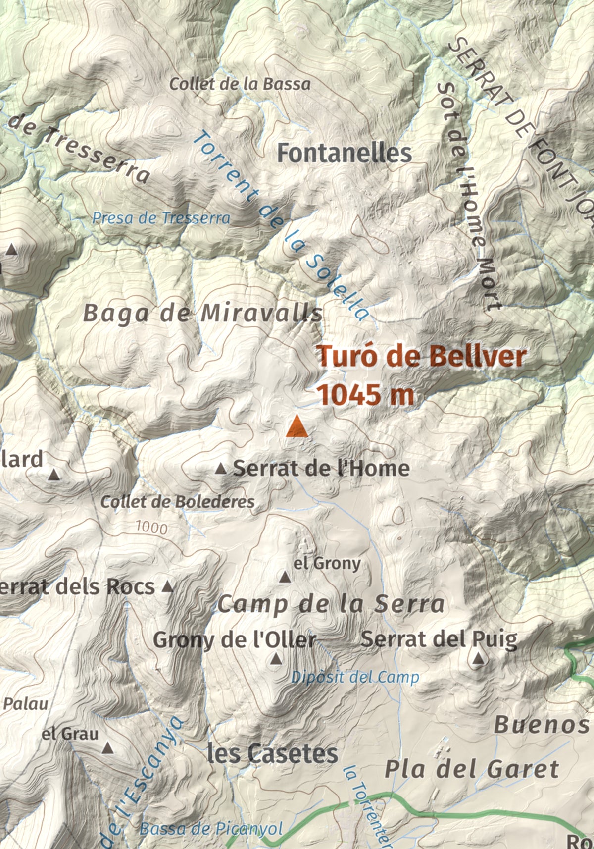 Mapa de relieve de Turó de Bellver, 1045 m, Moianès, lámina 100 Cims de Trobart. Detalle de la zona central. 21 × 30 cm.