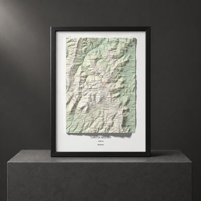 Mapa de relieve de Turó de Bellver, 1045 m, Moianès, lámina 100 Cims de Trobart. Presentación enmarcada. 30 × 40 cm.