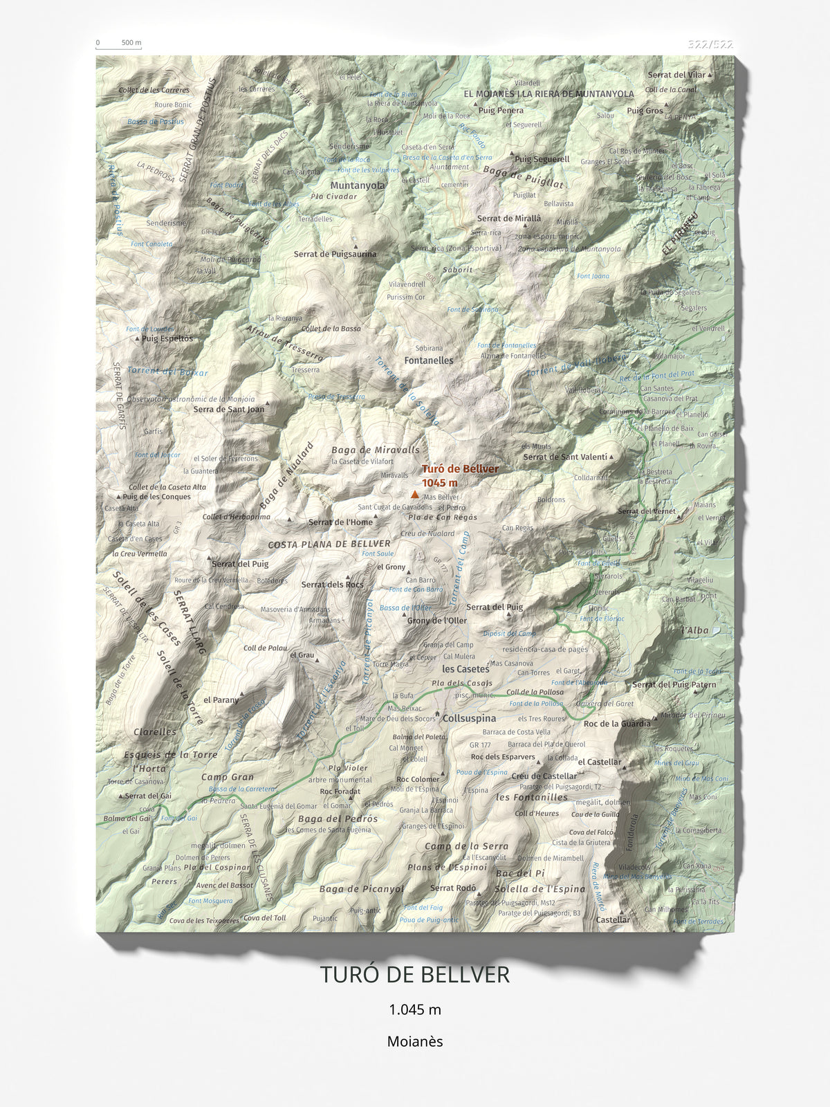 Mapa de relieve de Turó de Bellver, 1045 m, Moianès, lámina 100 Cims de Trobart 30 × 40 cm.