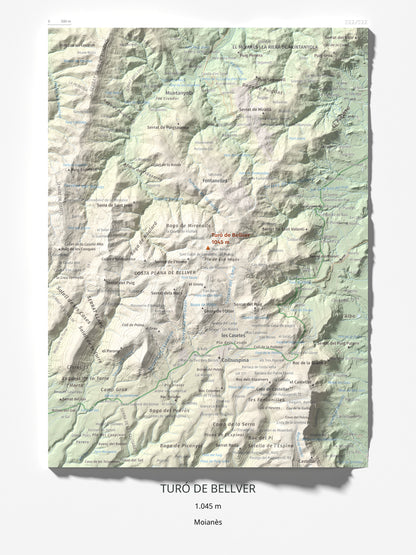 Mapa de relieve de Turó de Bellver, 1045 m, Moianès, lámina 100 Cims de Trobart 30 × 40 cm.