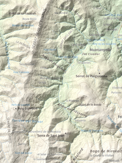 Mapa de relieve de Turó de Bellver, 1045 m, Moianès, lámina 100 Cims de Trobart. Detalle de la zona superior izquierda. 30 × 40 cm.