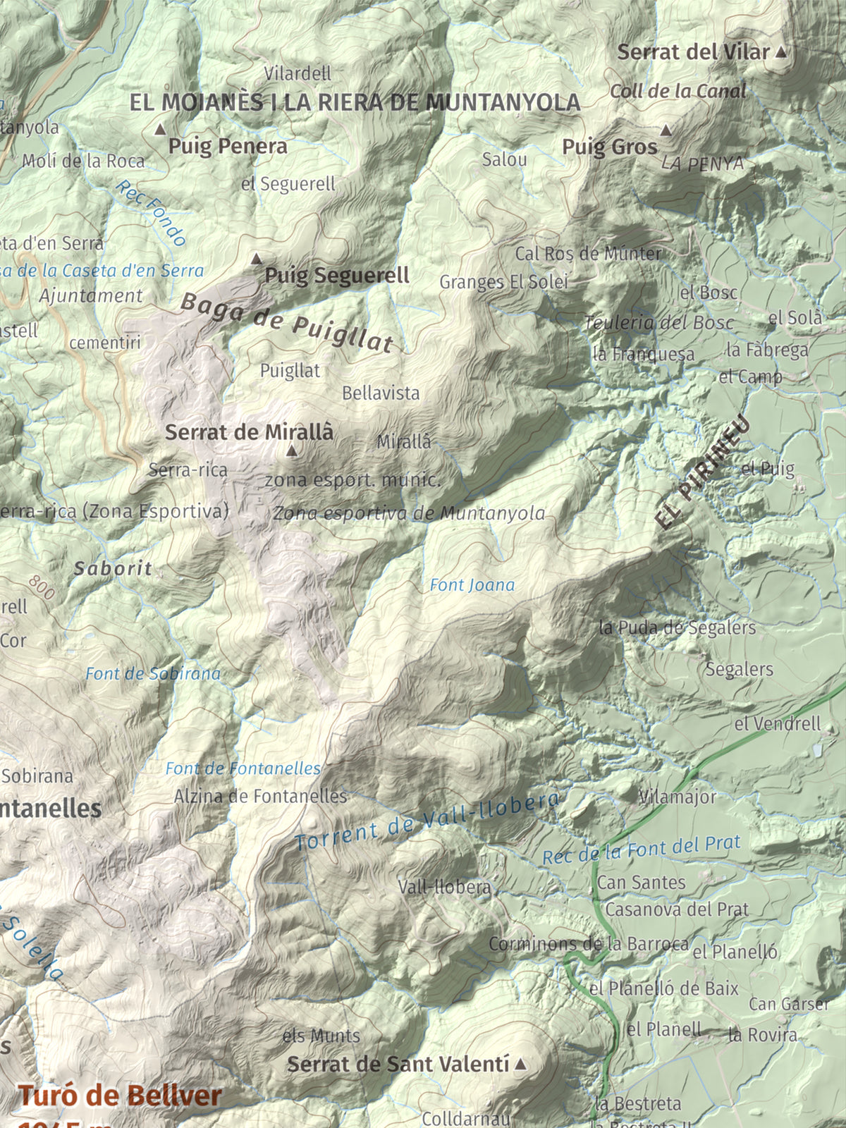 Mapa de relieve de Turó de Bellver, 1045 m, Moianès, lámina 100 Cims de Trobart. Detalle de la zona superior derecha. 30 × 40 cm.