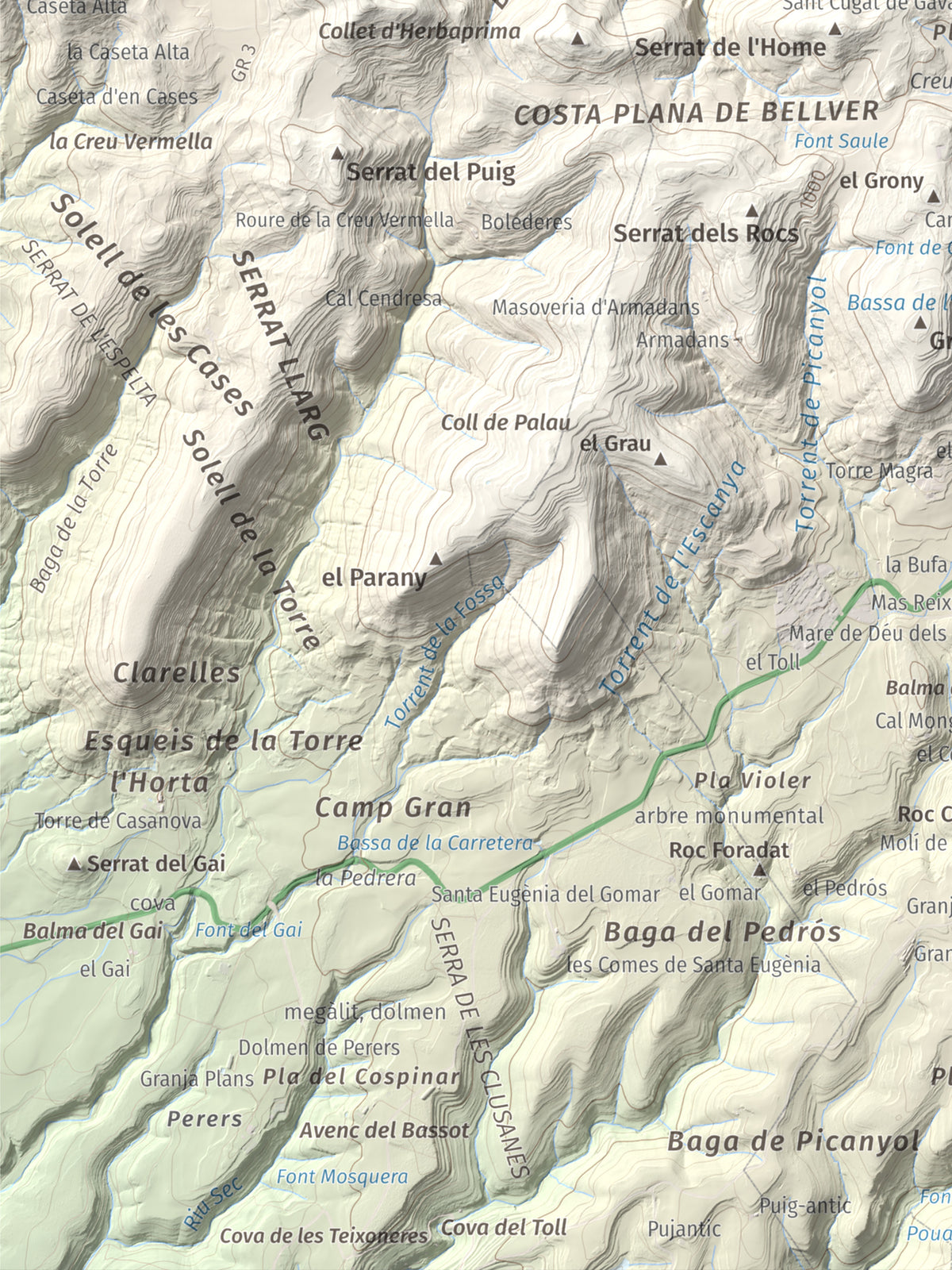 Mapa de relieve de Turó de Bellver, 1045 m, Moianès, lámina 100 Cims de Trobart. Detalle de la zona inferior izquierda. 30 × 40 cm.