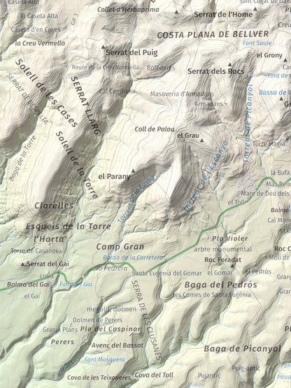 Mapa de relieve de Turó de Bellver, 1045 m, Moianès, lámina 100 Cims de Trobart. Detalle de la zona inferior izquierda. 30 × 40 cm.