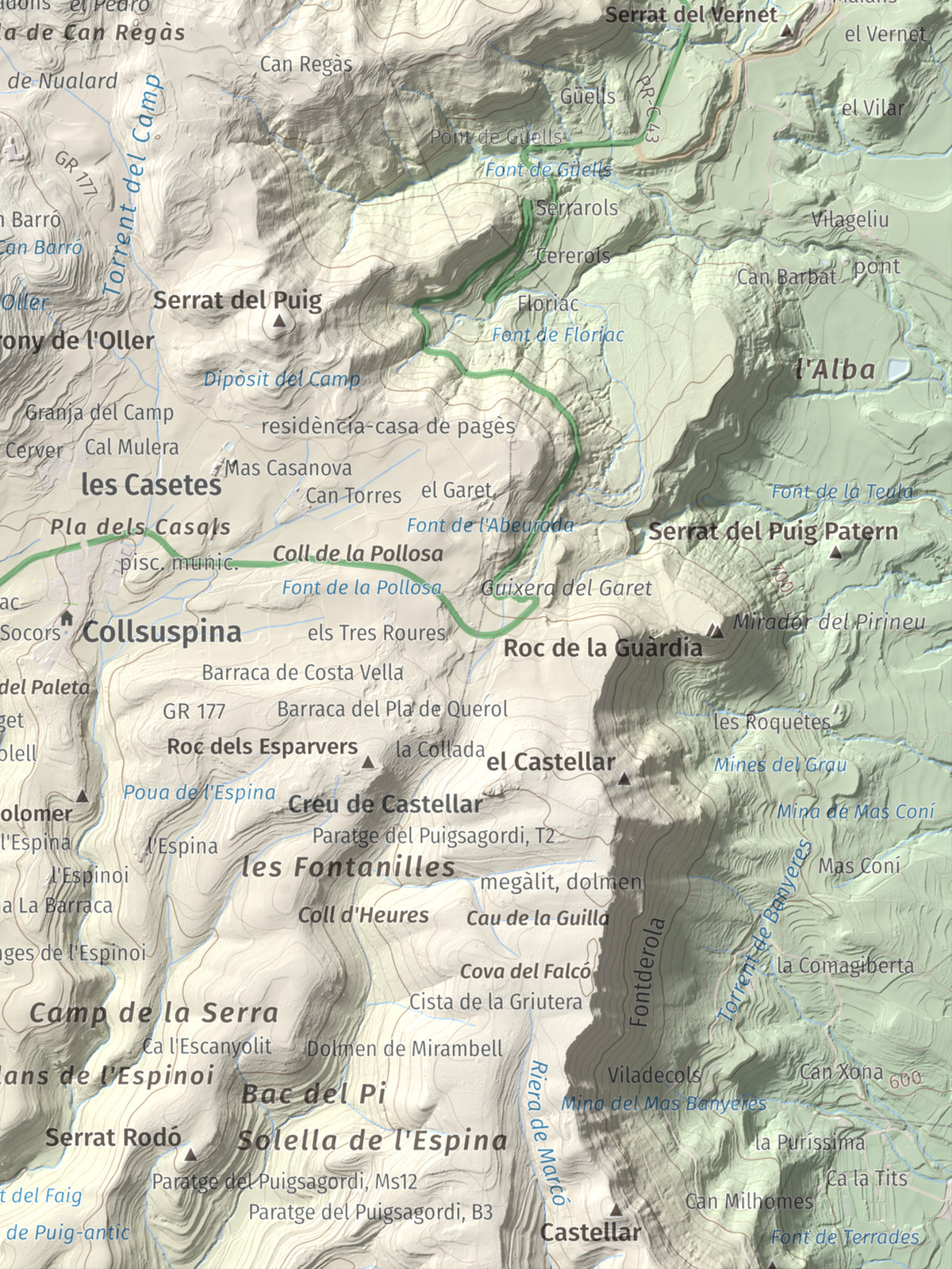 Mapa de relieve de Turó de Bellver, 1045 m, Moianès, lámina 100 Cims de Trobart. Detalle de la zona inferior derecha. 30 × 40 cm.