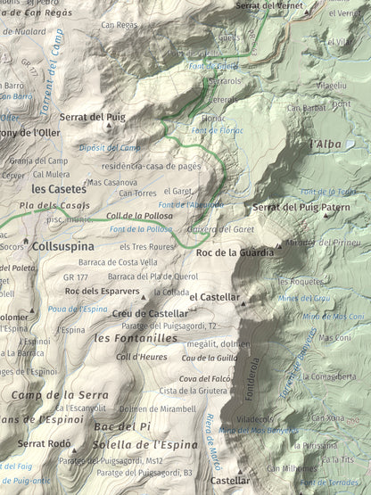 Mapa de relieve de Turó de Bellver, 1045 m, Moianès, lámina 100 Cims de Trobart. Detalle de la zona inferior derecha. 30 × 40 cm.