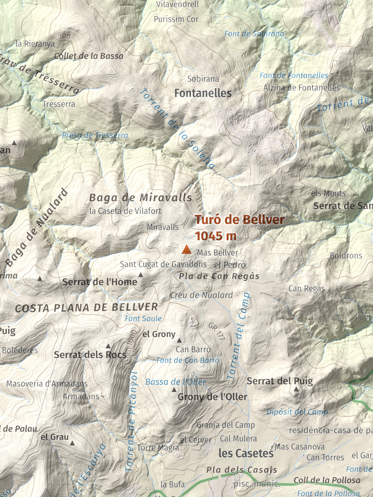 Mapa de relieve de Turó de Bellver, 1045 m, Moianès, lámina 100 Cims de Trobart. Detalle de la zona central. 30 × 40 cm.