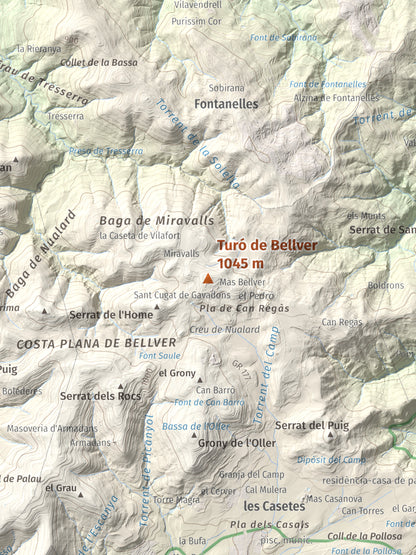 Mapa de relieve de Turó de Bellver, 1045 m, Moianès, lámina 100 Cims de Trobart. Detalle de la zona central. 30 × 40 cm.