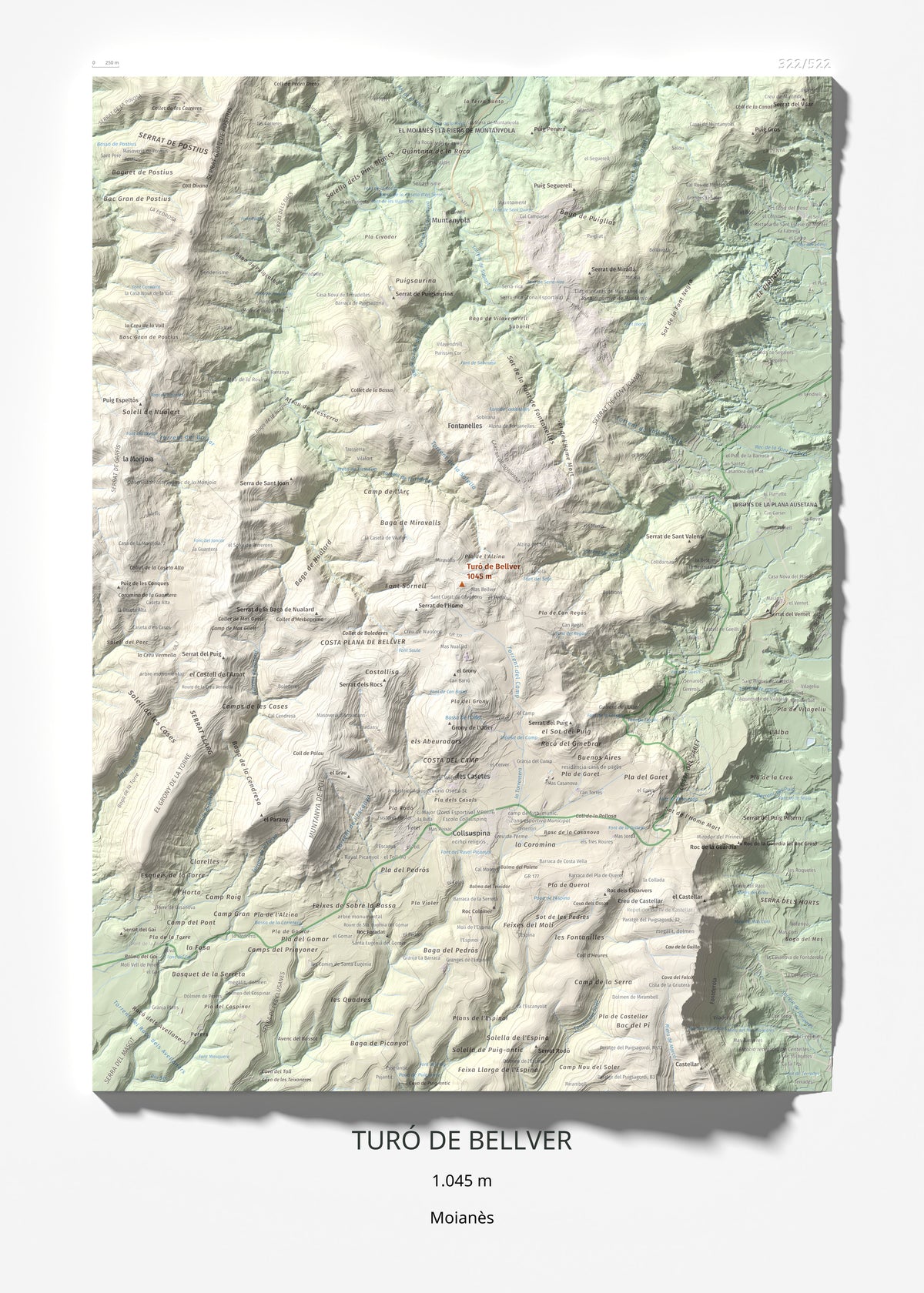 Mapa de relieve de Turó de Bellver, 1045 m, Moianès, lámina 100 Cims de Trobart 50 × 70 cm.