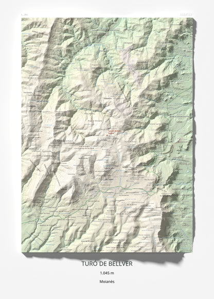 Mapa de relieve de Turó de Bellver, 1045 m, Moianès, lámina 100 Cims de Trobart 50 × 70 cm.