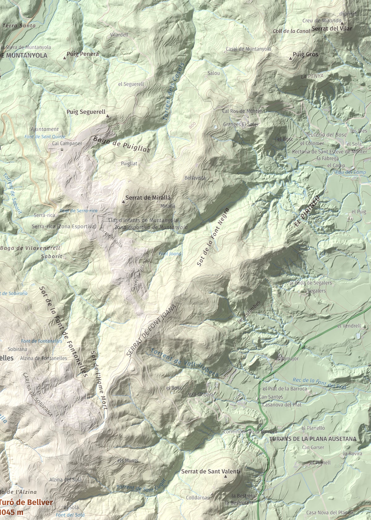 Mapa de relieve de Turó de Bellver, 1045 m, Moianès, lámina 100 Cims de Trobart. Detalle de la zona superior derecha. 50 × 70 cm.