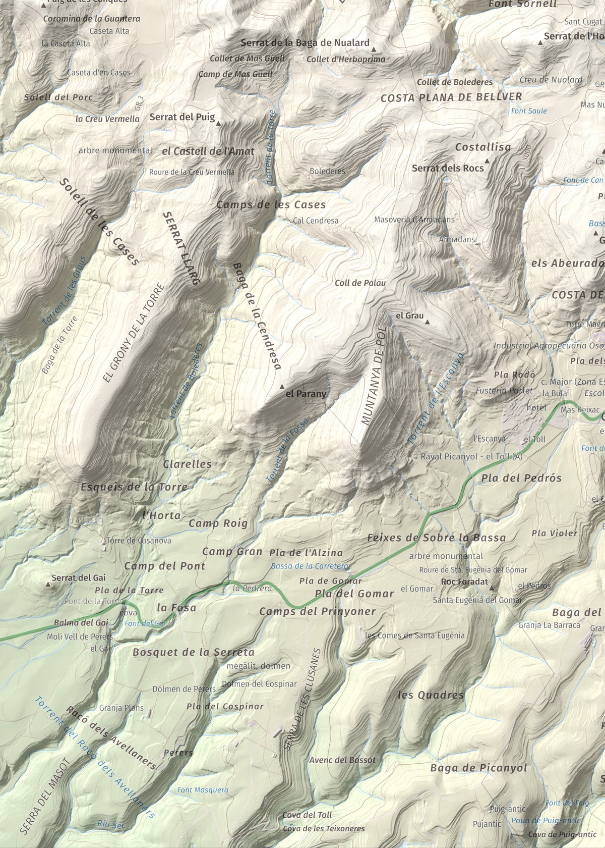 Mapa de relieve de Turó de Bellver, 1045 m, Moianès, lámina 100 Cims de Trobart. Detalle de la zona inferior izquierda. 50 × 70 cm.