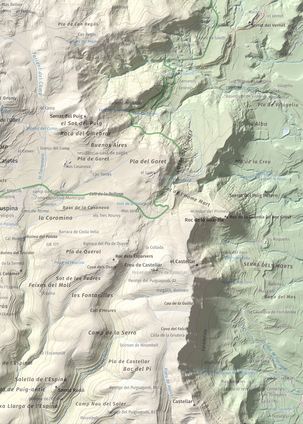 Mapa de relieve de Turó de Bellver, 1045 m, Moianès, lámina 100 Cims de Trobart. Detalle de la zona inferior derecha. 50 × 70 cm.