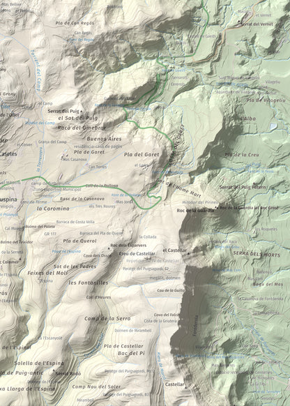 Mapa de relieve de Turó de Bellver, 1045 m, Moianès, lámina 100 Cims de Trobart. Detalle de la zona inferior derecha. 50 × 70 cm.
