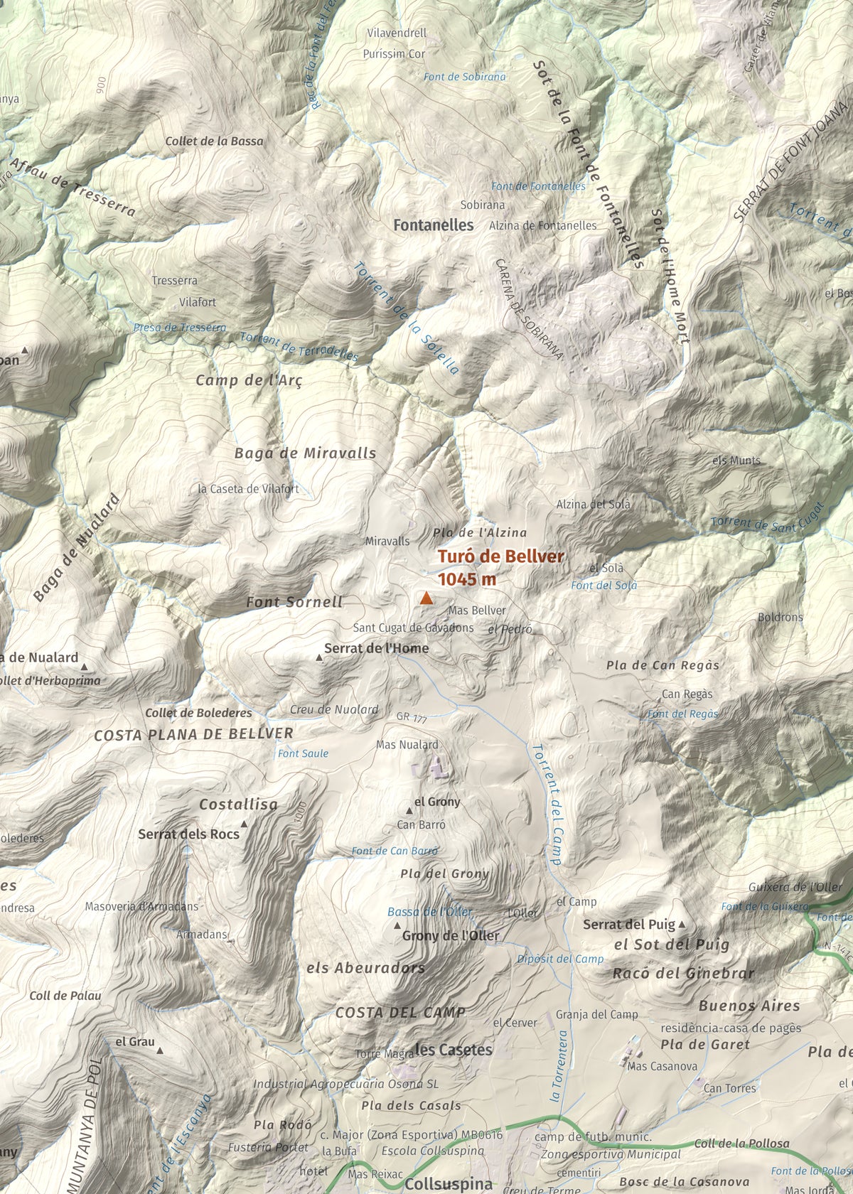 Mapa de relieve de Turó de Bellver, 1045 m, Moianès, lámina 100 Cims de Trobart. Detalle de la zona central. 50 × 70 cm.