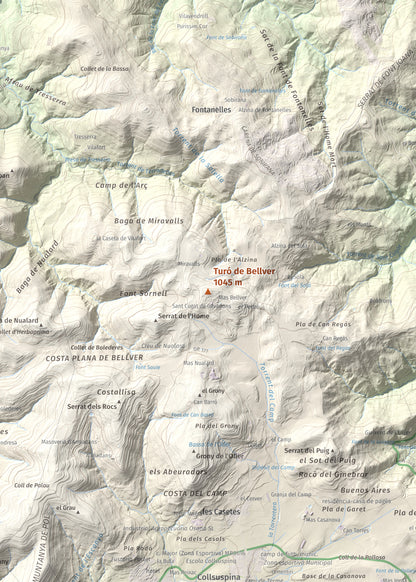 Mapa de relieve de Turó de Bellver, 1045 m, Moianès, lámina 100 Cims de Trobart. Detalle de la zona central. 50 × 70 cm.