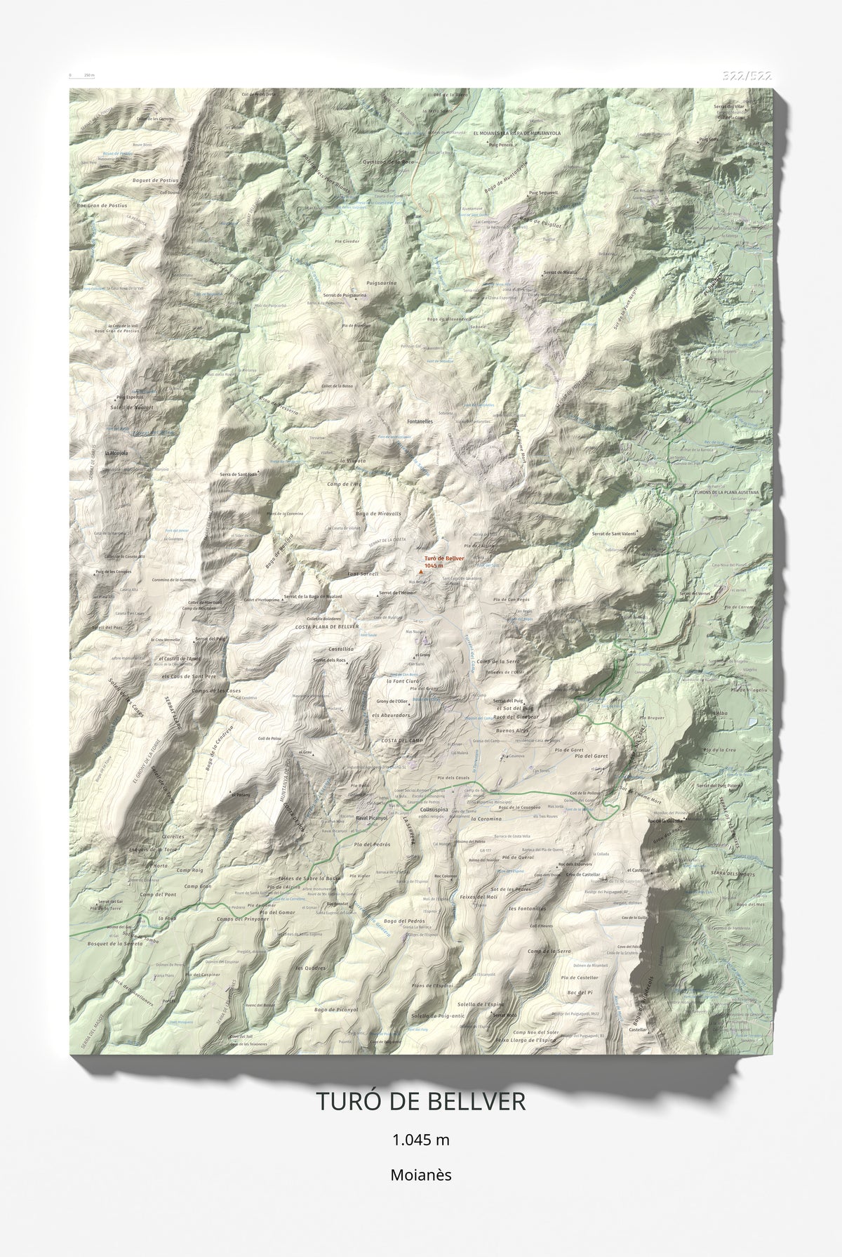 Mapa de relieve de Turó de Bellver, 1045 m, Moianès, lámina 100 Cims de Trobart 61 × 91 cm.