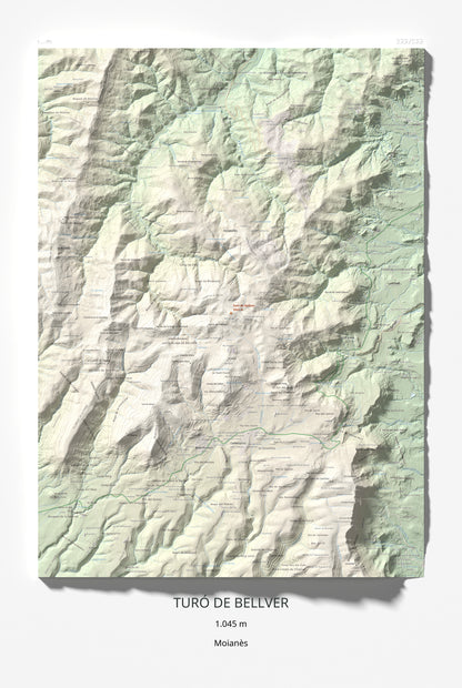 Mapa de relieve de Turó de Bellver, 1045 m, Moianès, lámina 100 Cims de Trobart 61 × 91 cm.