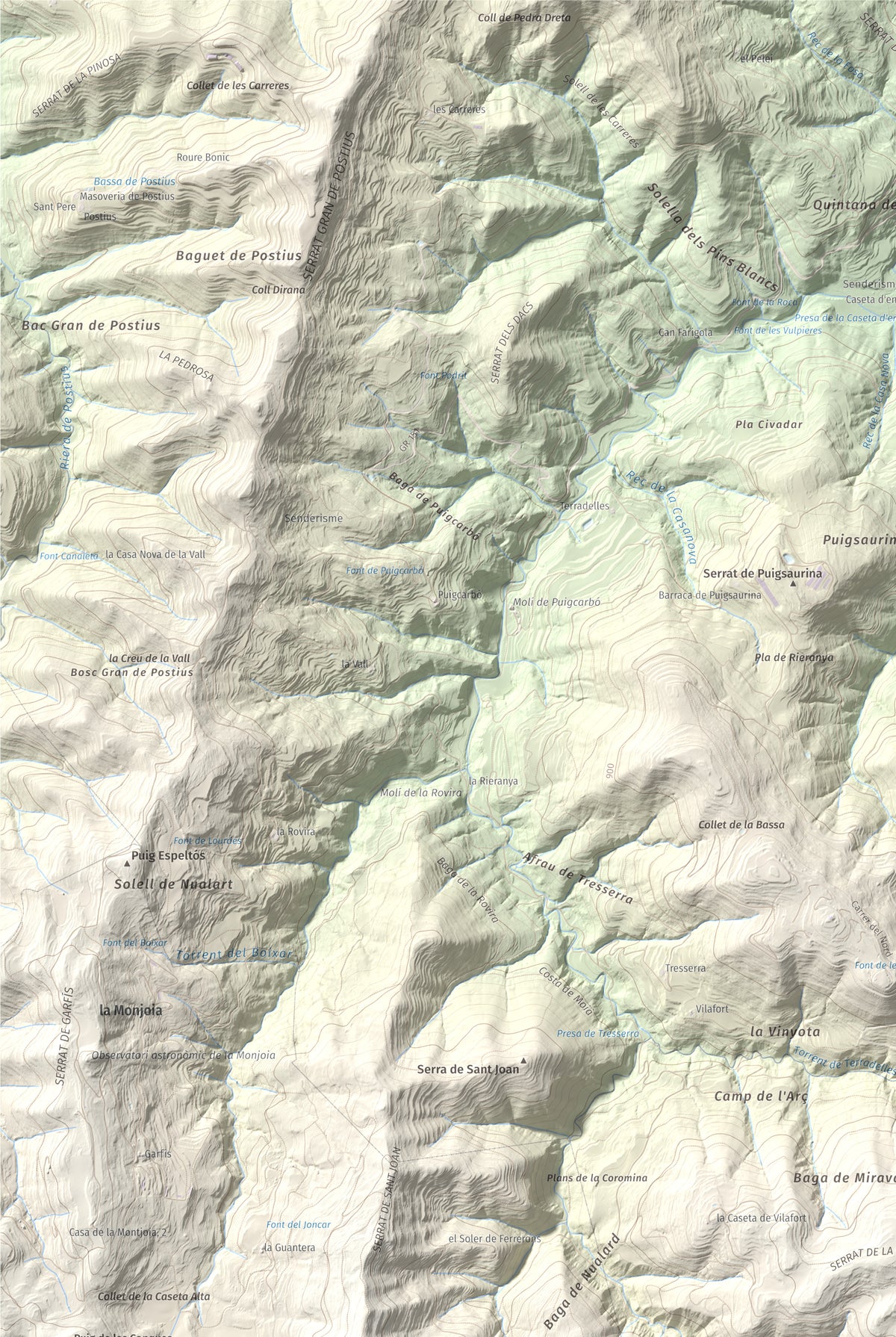 Mapa de relieve de Turó de Bellver, 1045 m, Moianès, lámina 100 Cims de Trobart. Detalle de la zona superior izquierda. 61 × 91 cm.