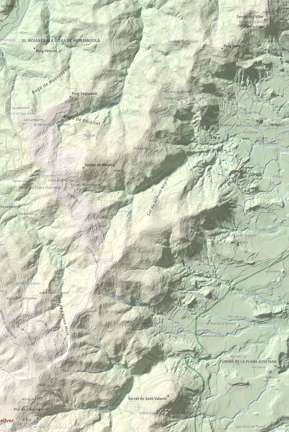 Mapa de relieve de Turó de Bellver, 1045 m, Moianès, lámina 100 Cims de Trobart. Detalle de la zona superior derecha. 61 × 91 cm.