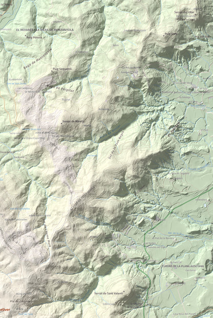 Mapa de relieve de Turó de Bellver, 1045 m, Moianès, lámina 100 Cims de Trobart. Detalle de la zona superior derecha. 61 × 91 cm.