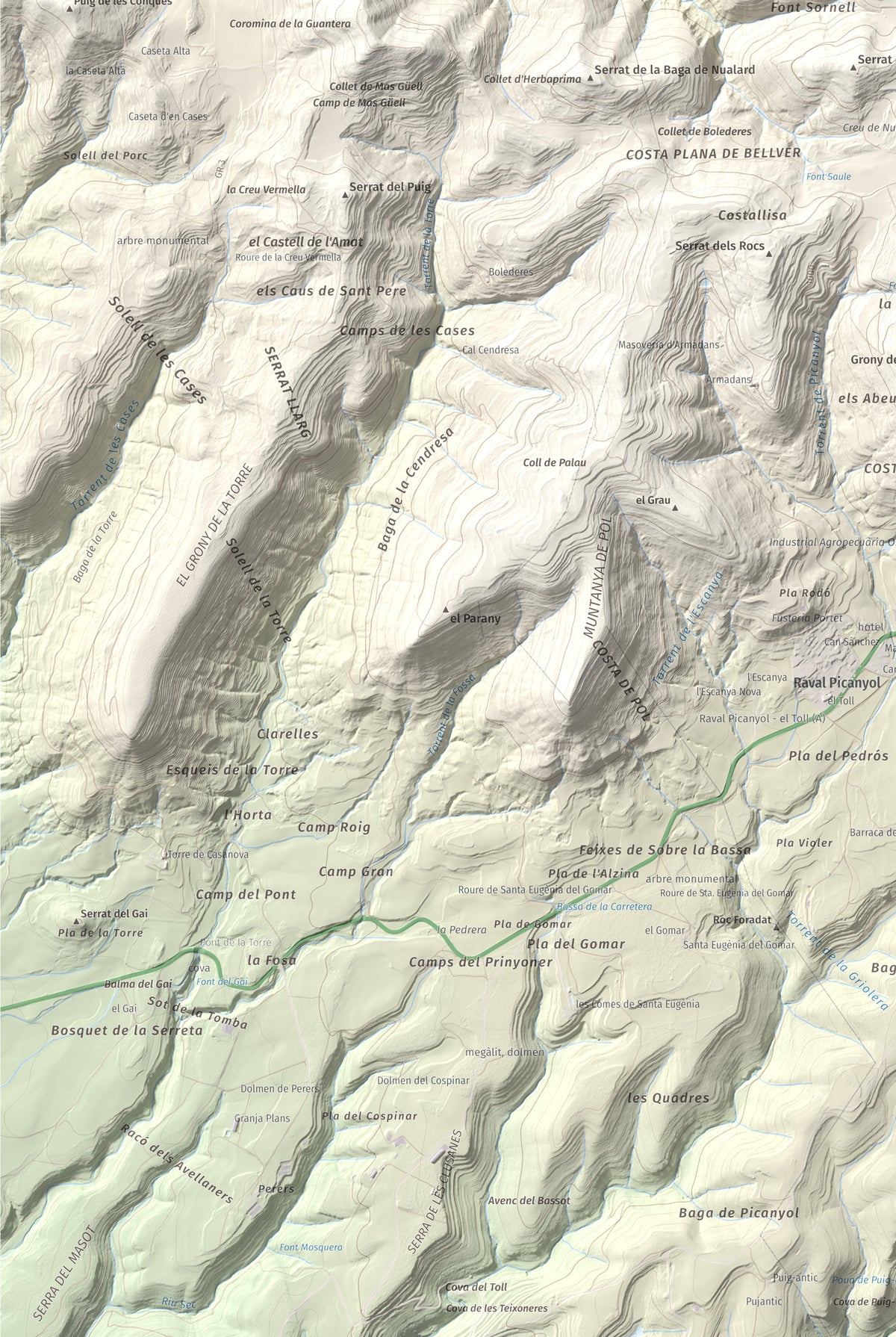 Mapa de relieve de Turó de Bellver, 1045 m, Moianès, lámina 100 Cims de Trobart. Detalle de la zona inferior izquierda. 61 × 91 cm.