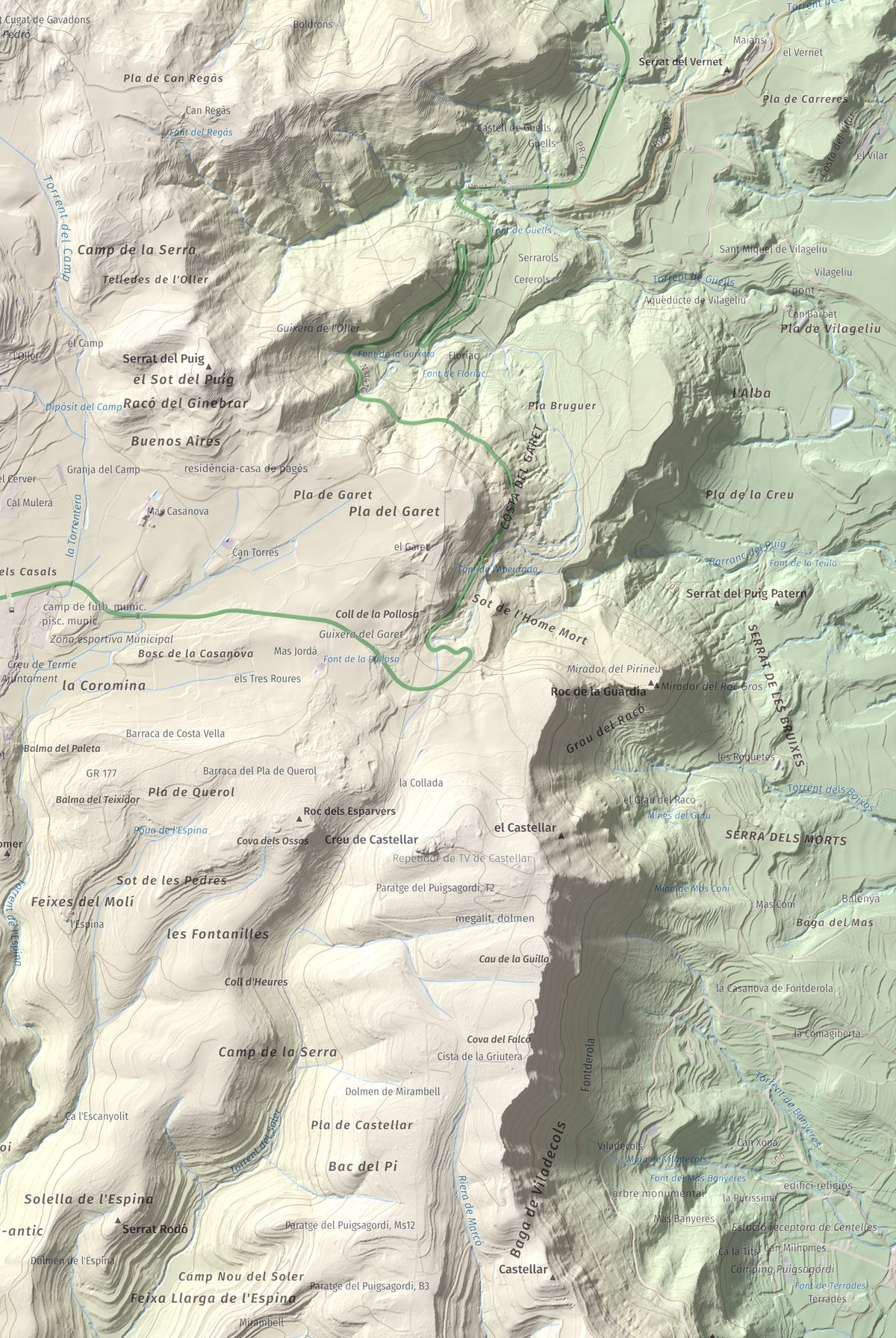 Mapa de relieve de Turó de Bellver, 1045 m, Moianès, lámina 100 Cims de Trobart. Detalle de la zona inferior derecha. 61 × 91 cm.