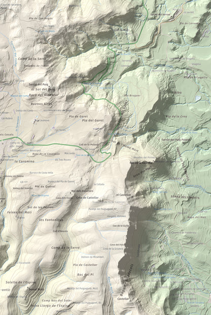 Mapa de relieve de Turó de Bellver, 1045 m, Moianès, lámina 100 Cims de Trobart. Detalle de la zona inferior derecha. 61 × 91 cm.
