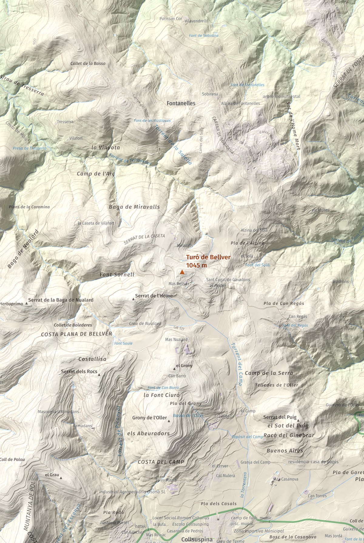 Mapa de relieve de Turó de Bellver, 1045 m, Moianès, lámina 100 Cims de Trobart. Detalle de la zona central. 61 × 91 cm.