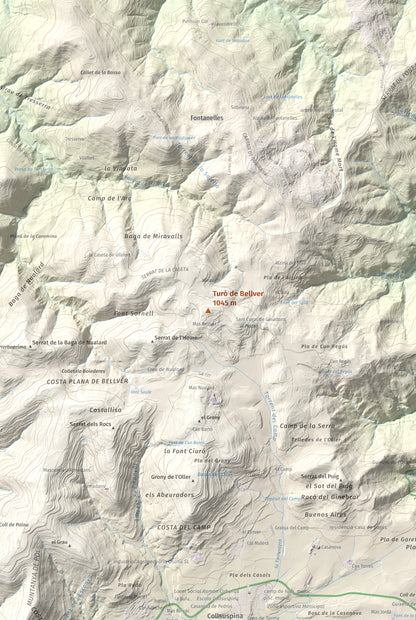 Mapa de relieve de Turó de Bellver, 1045 m, Moianès, lámina 100 Cims de Trobart. Detalle de la zona central. 61 × 91 cm.