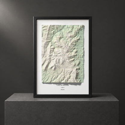 Mapa de relieve de Turó de Bellver, 1045 m, Moianès, lámina 100 Cims de Trobart. Presentación enmarcada. 70 × 100 cm.
