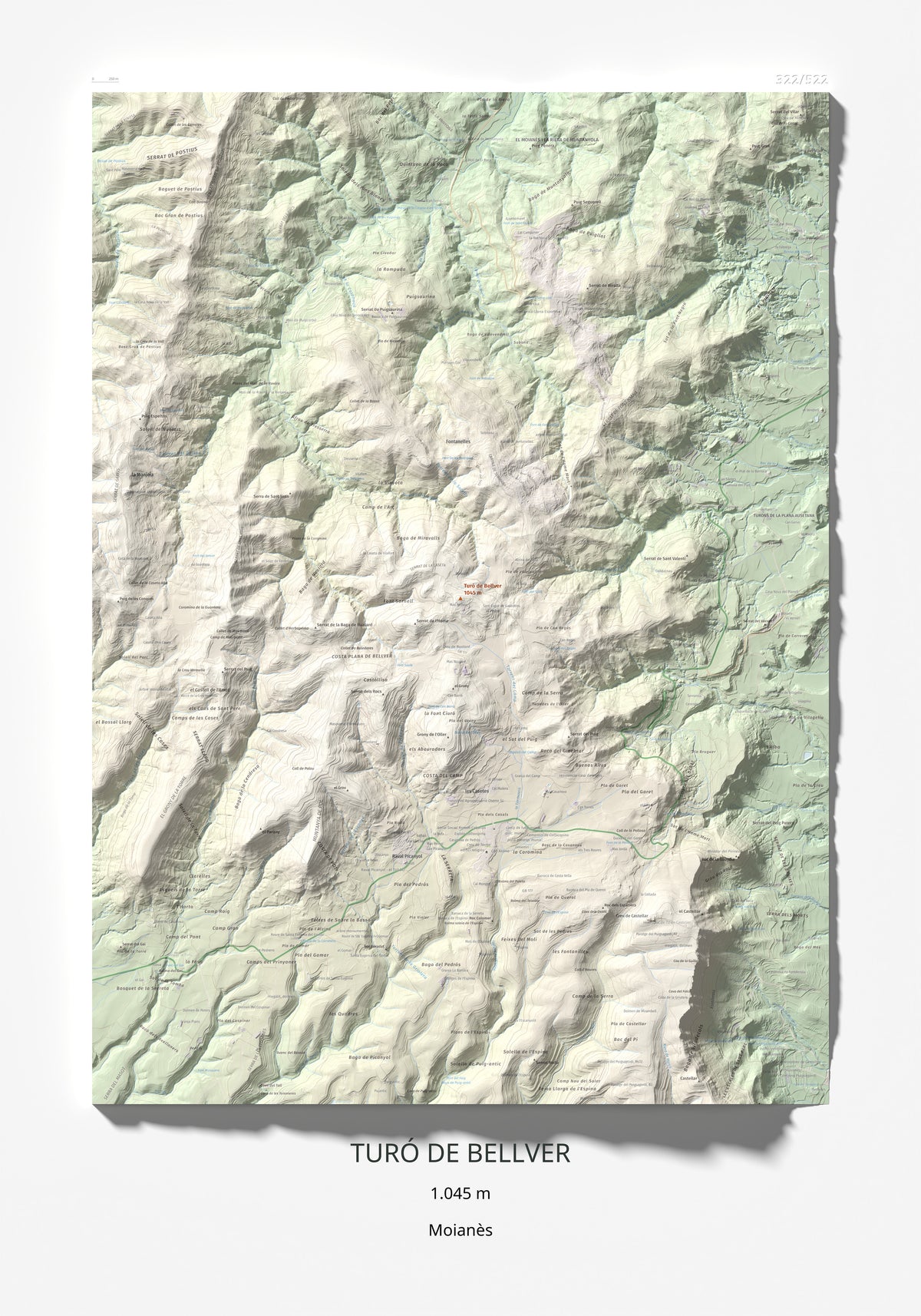 Mapa de relieve de Turó de Bellver, 1045 m, Moianès, lámina 100 Cims de Trobart 70 × 100 cm.