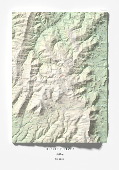 Mapa de relieve de Turó de Bellver, 1045 m, Moianès, lámina 100 Cims de Trobart 70 × 100 cm.