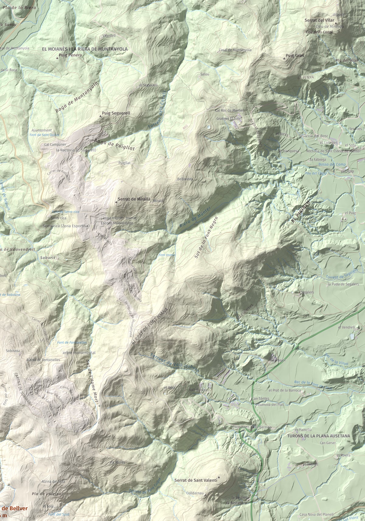Mapa de relieve de Turó de Bellver, 1045 m, Moianès, lámina 100 Cims de Trobart. Detalle de la zona superior derecha. 70 × 100 cm.