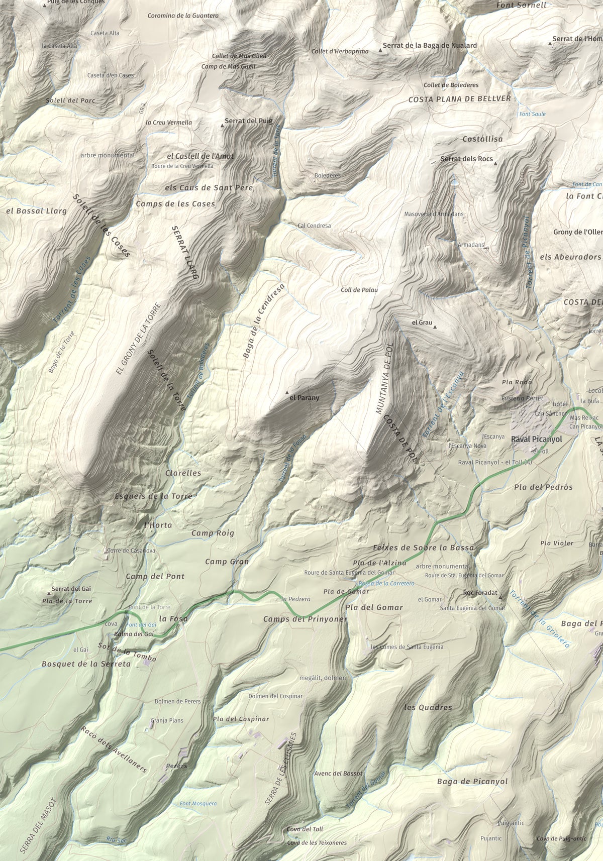 Mapa de relieve de Turó de Bellver, 1045 m, Moianès, lámina 100 Cims de Trobart. Detalle de la zona inferior izquierda. 70 × 100 cm.
