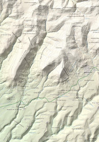 Mapa de relieve de Turó de Bellver, 1045 m, Moianès, lámina 100 Cims de Trobart. Detalle de la zona inferior izquierda. 70 × 100 cm.