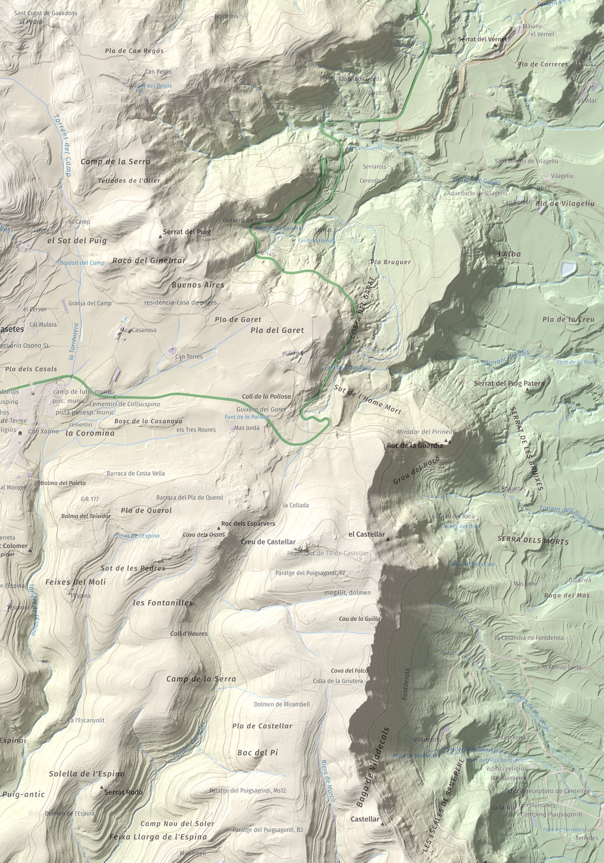 Mapa de relieve de Turó de Bellver, 1045 m, Moianès, lámina 100 Cims de Trobart. Detalle de la zona inferior derecha. 70 × 100 cm.
